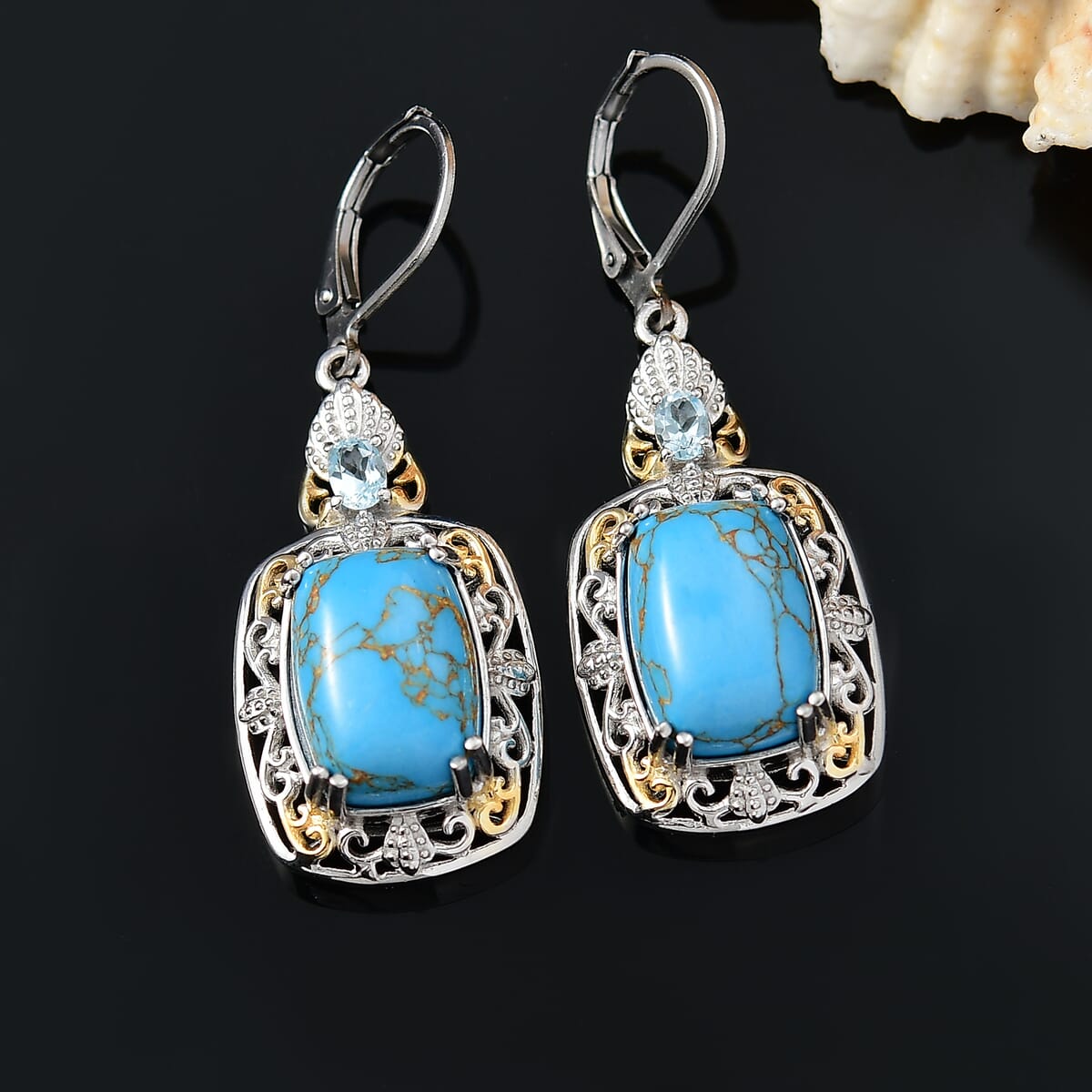 Karis Mojave Blue Turquoise and Sky Blue Topaz 12.90 ctw Lever Back Earrings in 18K YG Plated and Platinum Bond image number 1