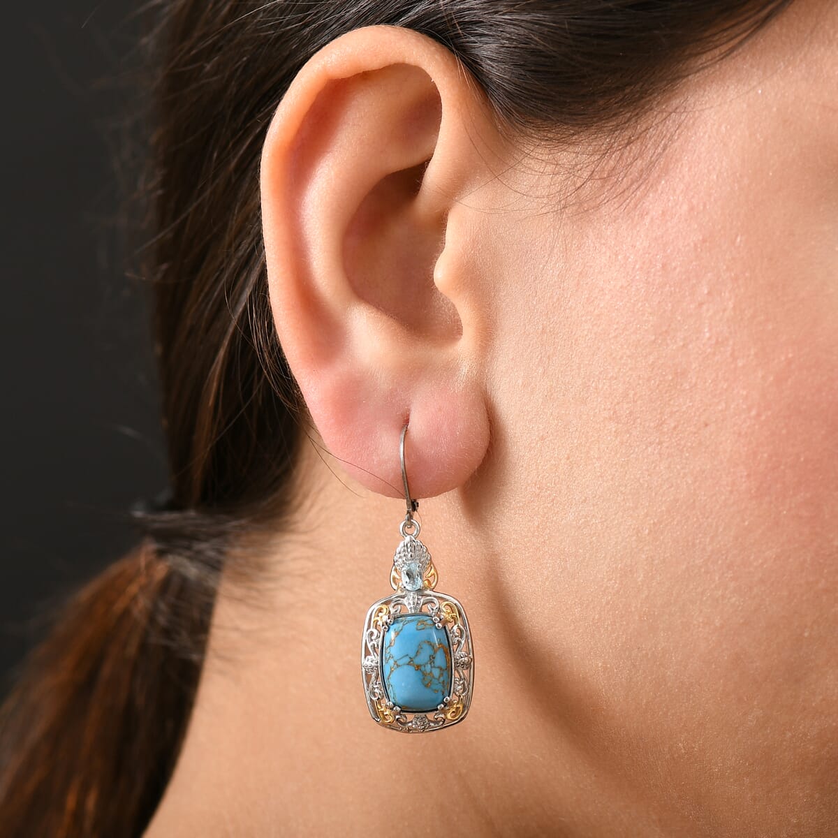 Karis Mojave Blue Turquoise and Sky Blue Topaz 12.90 ctw Lever Back Earrings in 18K YG Plated and Platinum Bond image number 2