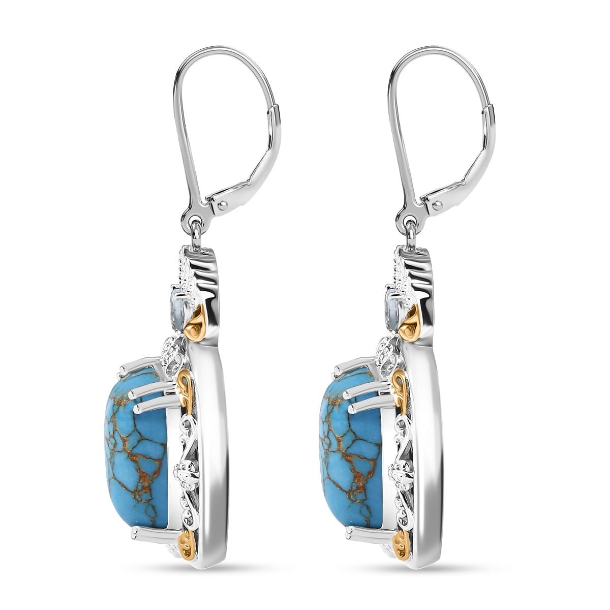 Karis Mojave Blue Turquoise and Sky Blue Topaz 12.90 ctw Lever Back Earrings in 18K YG Plated and Platinum Bond image number 3