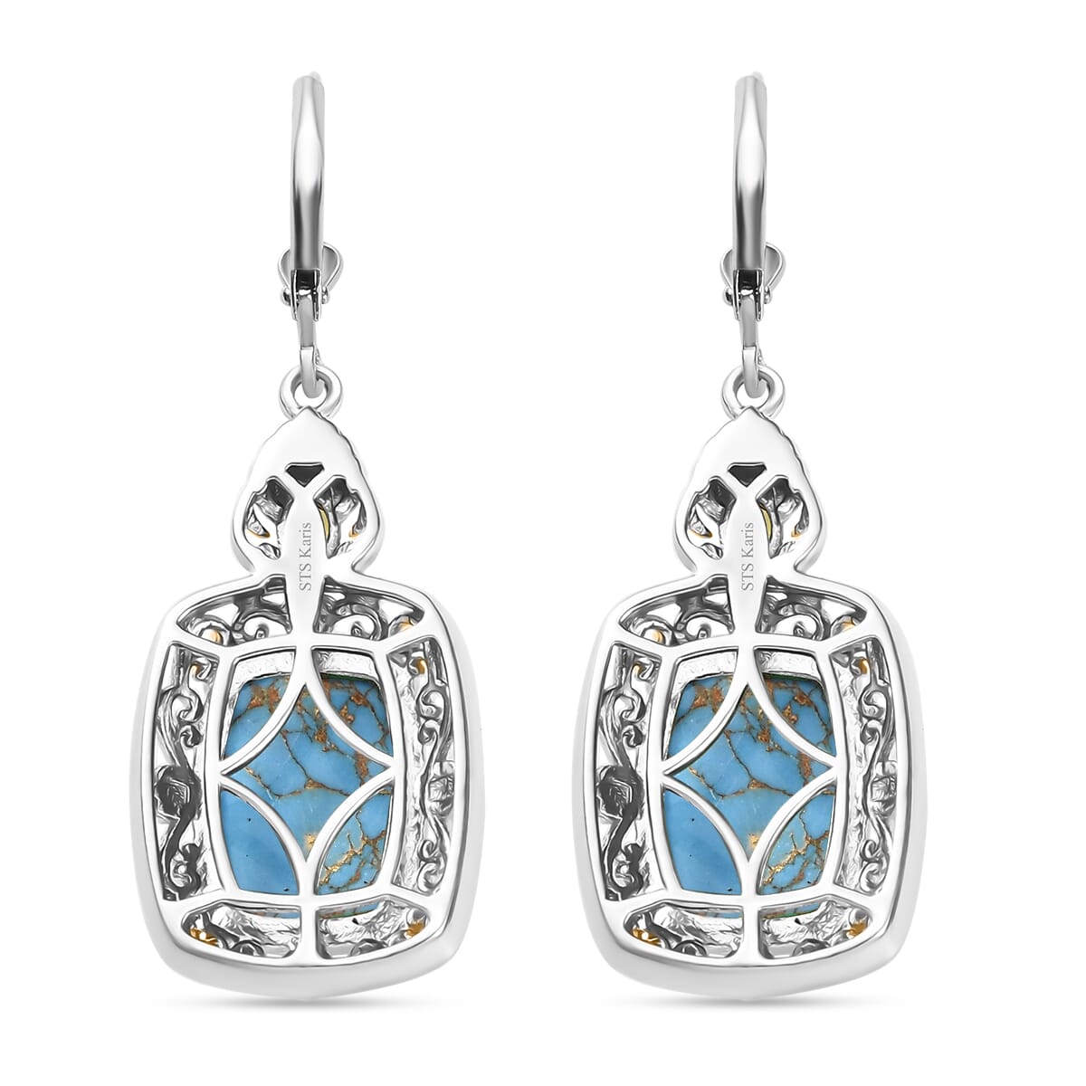 Karis Mojave Blue Turquoise and Sky Blue Topaz 12.90 ctw Lever Back Earrings in 18K YG Plated and Platinum Bond image number 4
