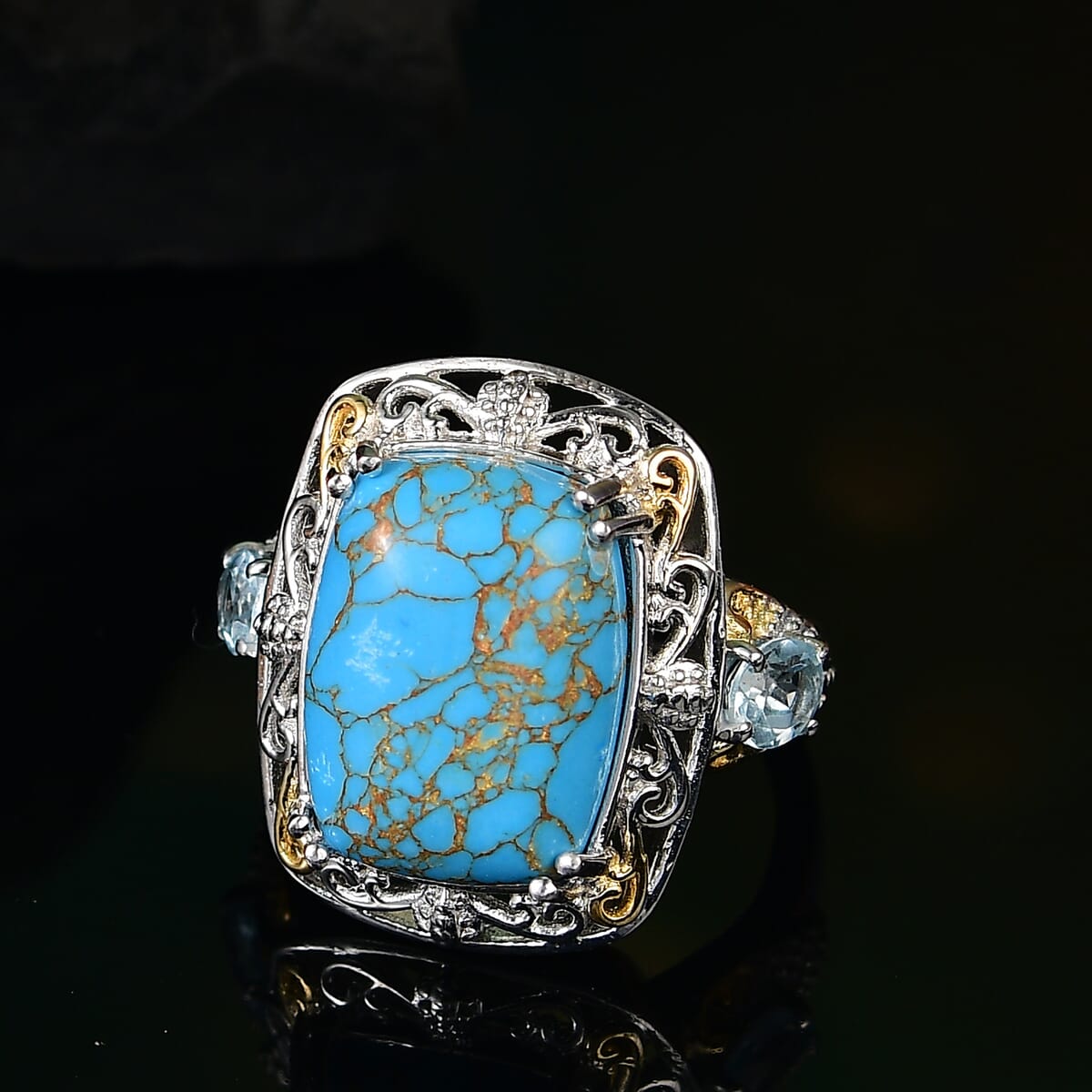 Karis Mojave Blue Turquoise and Sky Blue Topaz 9.35 ctw Ring in 18K YG Plated and Platinum Bond (Size 10.0) image number 1