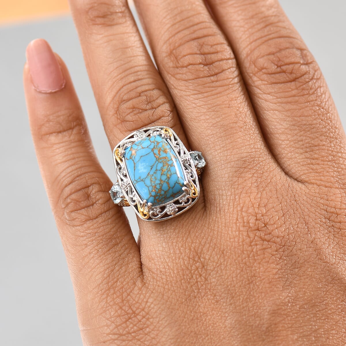 Karis Mojave Blue Turquoise and Sky Blue Topaz 9.35 ctw Ring in 18K YG Plated and Platinum Bond (Size 10.0) image number 2