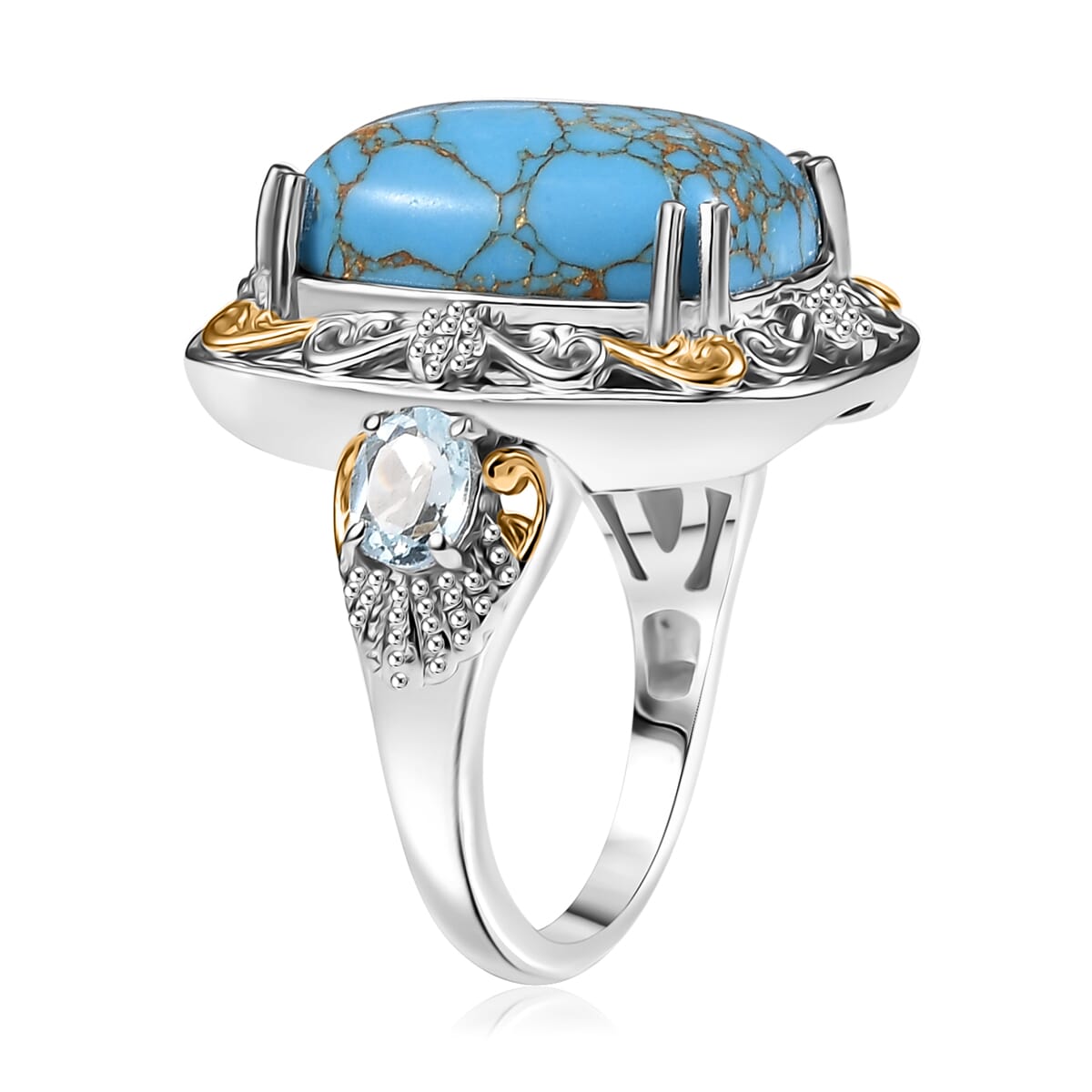 Karis Mojave Blue Turquoise and Sky Blue Topaz 9.35 ctw Ring in 18K YG Plated and Platinum Bond (Size 10.0) image number 3