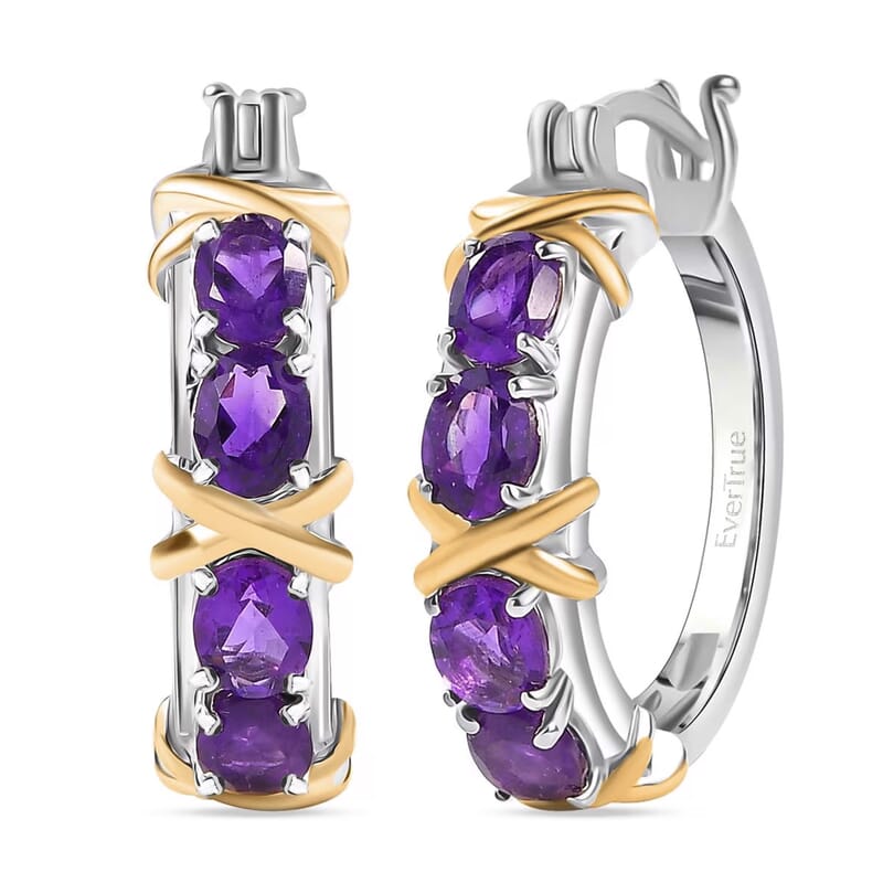 EverTrue African Amethyst 2.65 ctw XOXO Hoop Earrings in 18K YG Plated and Platinum Bond