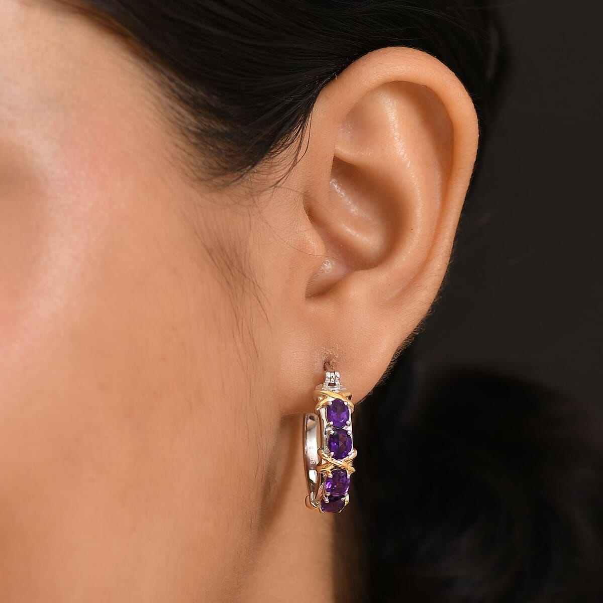 Karis African Amethyst 2.65 ctw XOXO Hoop Earrings in 18K YG Plated and Platinum Bond image number 2