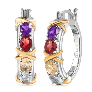 Karis Multi Gemstone 3.15 ctw XOXO Hoop Earrings 18K YG Plated and Platinum Bond