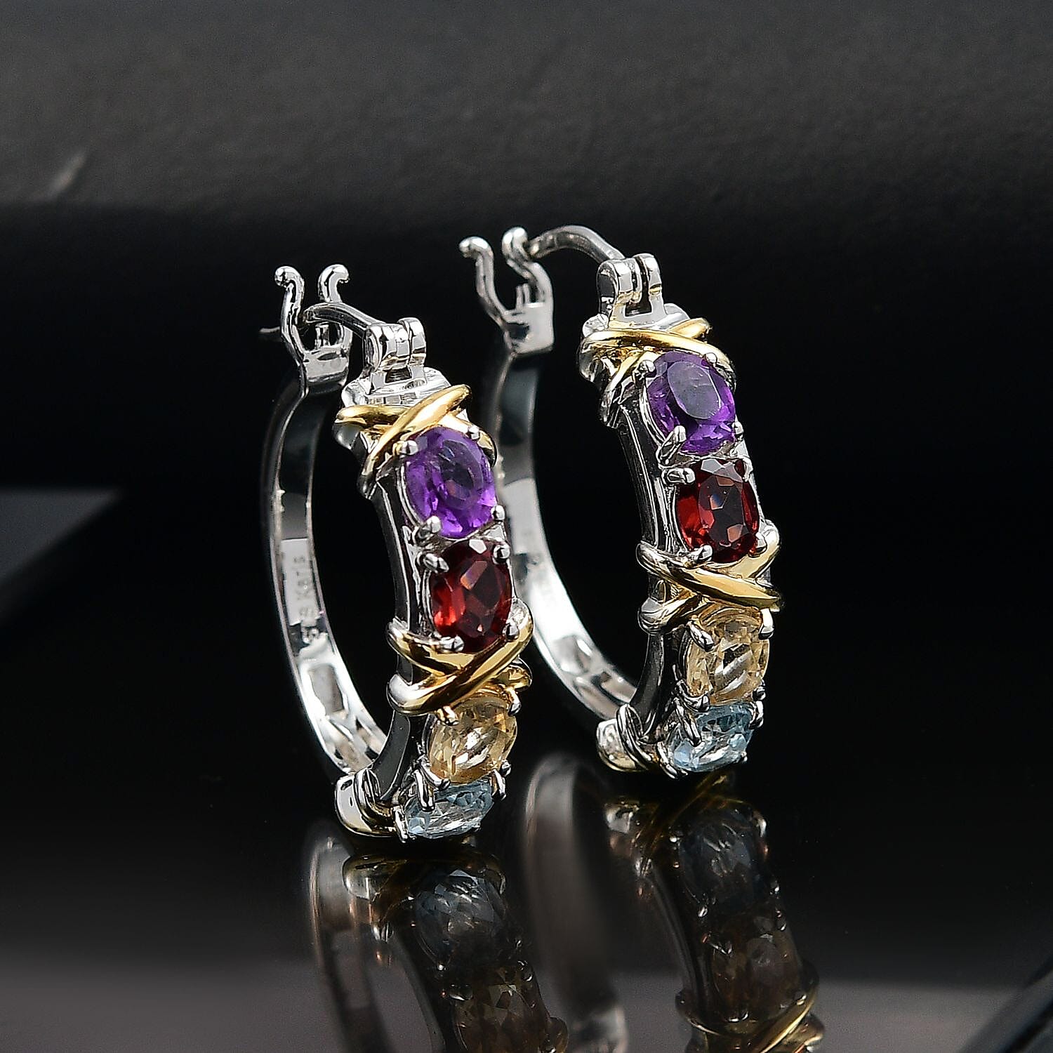 Karis Multi Gemstone 3.15 ctw XOXO Hoop Earrings 18K YG Plated and Platinum Bond