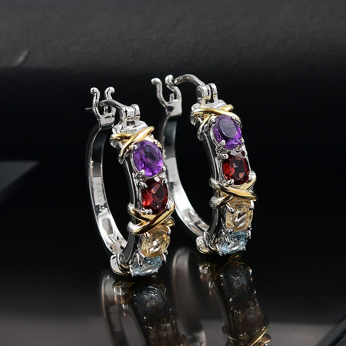 Karis Multi Gemstone 3.15 ctw XOXO Hoop Earrings 18K YG Plated and Platinum Bond image number 1