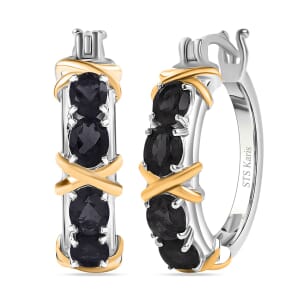 Karis Thai Black Spinel 4.15 ctw Hoop Earrings in 18K YG Plated and Platinum Bond