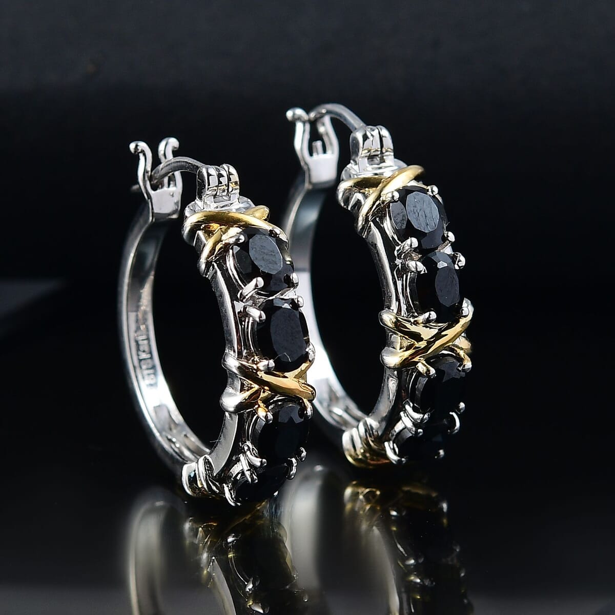 Karis Thai Black Spinel 4.15 ctw Hoop Earrings in 18K YG Plated and Platinum Bond image number 1