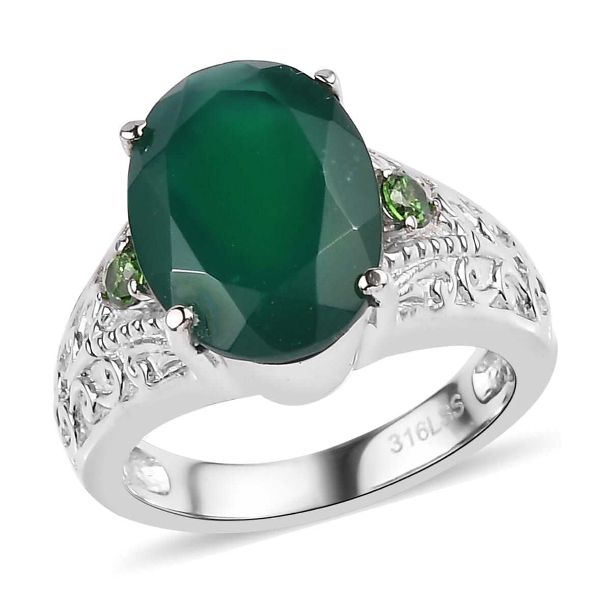 Verde Onyx and Simulated Green Diamond 7.50 ctw Ring in Stainless Steel (Size 7.0) image number 0