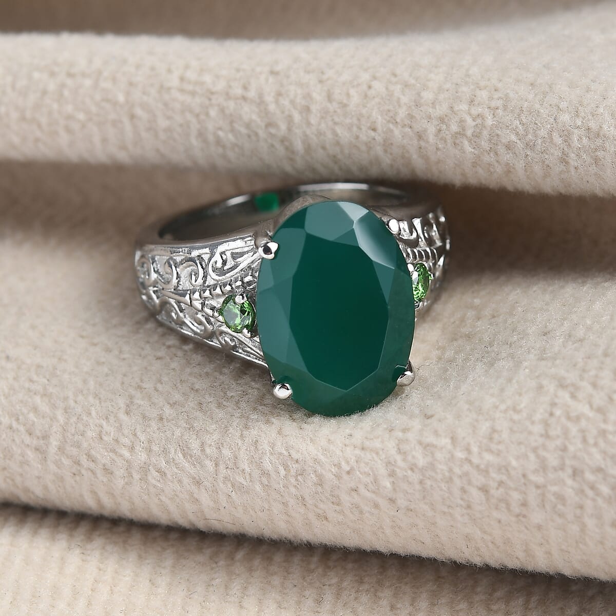 Verde Onyx and Simulated Green Diamond 7.50 ctw Ring in Stainless Steel (Size 8.0) image number 1