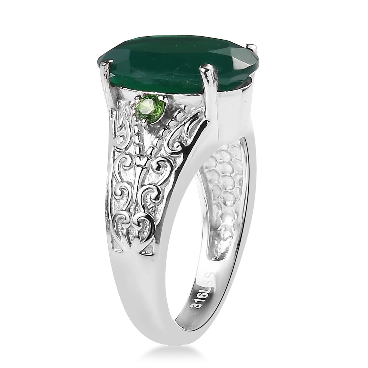 Verde Onyx and Simulated Green Diamond 7.50 ctw Ring in Stainless Steel (Size 8.0) image number 3