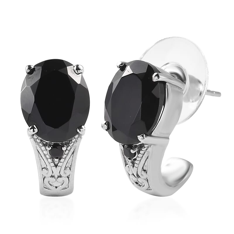 Thai Black Spinel 9.10 ctw J-Hoop Earrings in Stainless Steel 