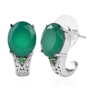 Verde Onyx and Simulated Green Diamond 6.80 ctw J-Hoop Earrings in Stainless Steel