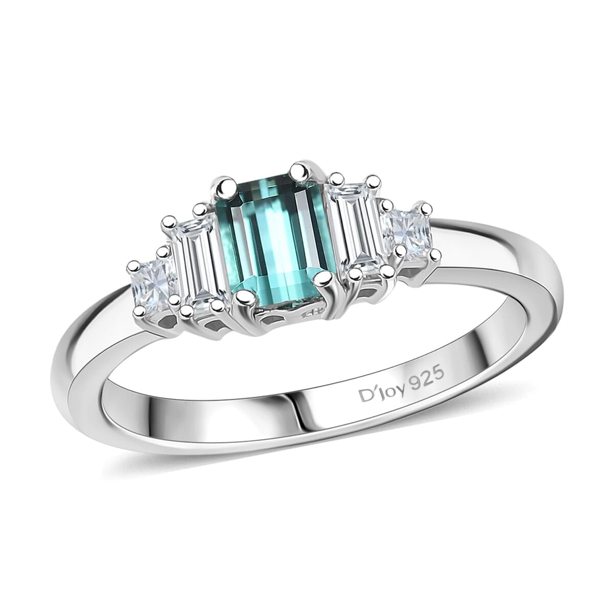 Premium Pirineu Lagoon Tourmaline, Moissanite Ring in Rhodium Over Sterling Silver (Size 6.0) 1.15 ctw image number 0