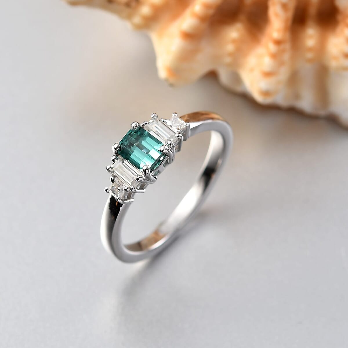 Premium Pirineu Lagoon Tourmaline, Moissanite Ring in Rhodium Over Sterling Silver (Size 6.0) 1.15 ctw image number 1