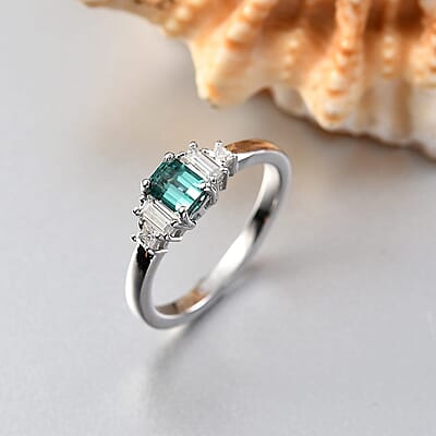 Premium Pirineu Lagoon Tourmaline, Moissanite Ring in Rhodium Over Sterling Silver (Size 10.0) 1.15 ctw