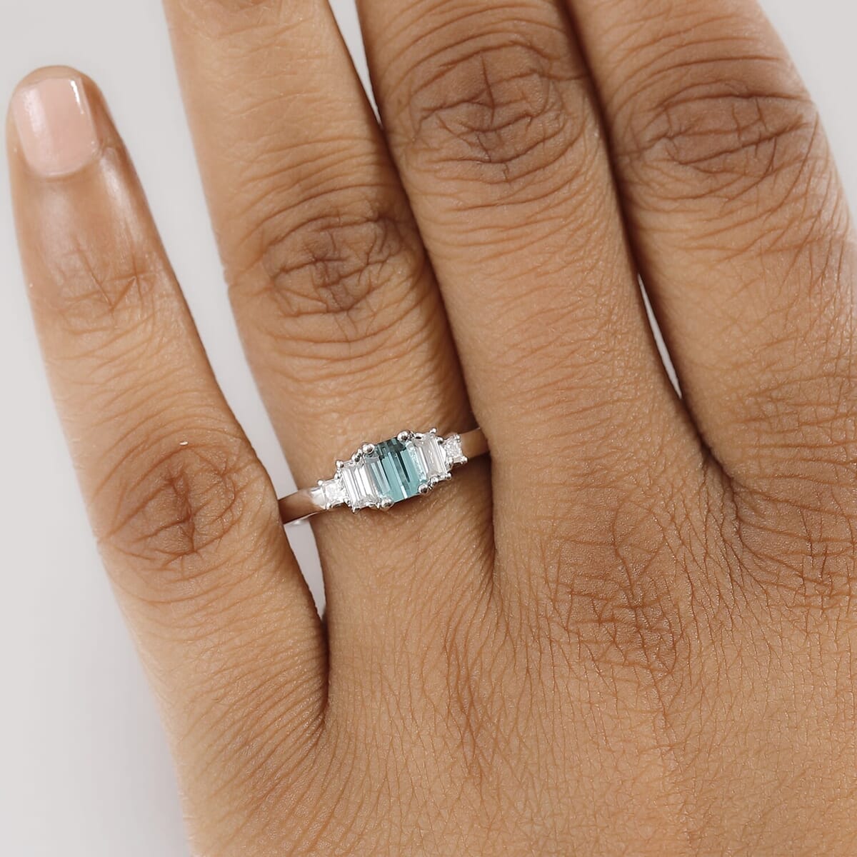 Premium Pirineu Lagoon Tourmaline, Moissanite Ring in Rhodium Over Sterling Silver (Size 6.0) 1.15 ctw image number 2