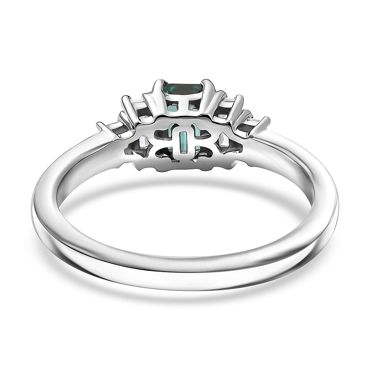 Premium Pirineu Lagoon Tourmaline, Moissanite Ring in Rhodium Over Sterling Silver (Size 10.0) 1.15 ctw