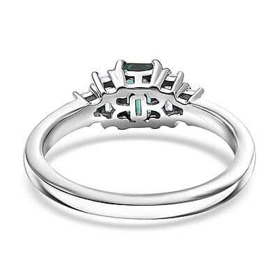 Premium Pirineu Lagoon Tourmaline, Moissanite Ring in Rhodium Over Sterling Silver (Size 10.0) 1.15 ctw
