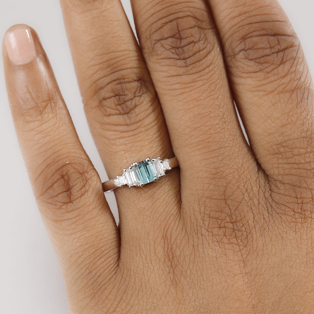 D'Joy Premium Pirineu Lagoon Tourmaline and Moissanite 1.15 ctw Majesty Ring in Rhodium Over Sterling Silver (Size 8.0) image number 2