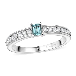 Premium Pirineu Lagoon Tourmaline, Diamond (0.25 cts) Ring in Rhodium Over Sterling Silver (Size 10.0) 0.50 ctw