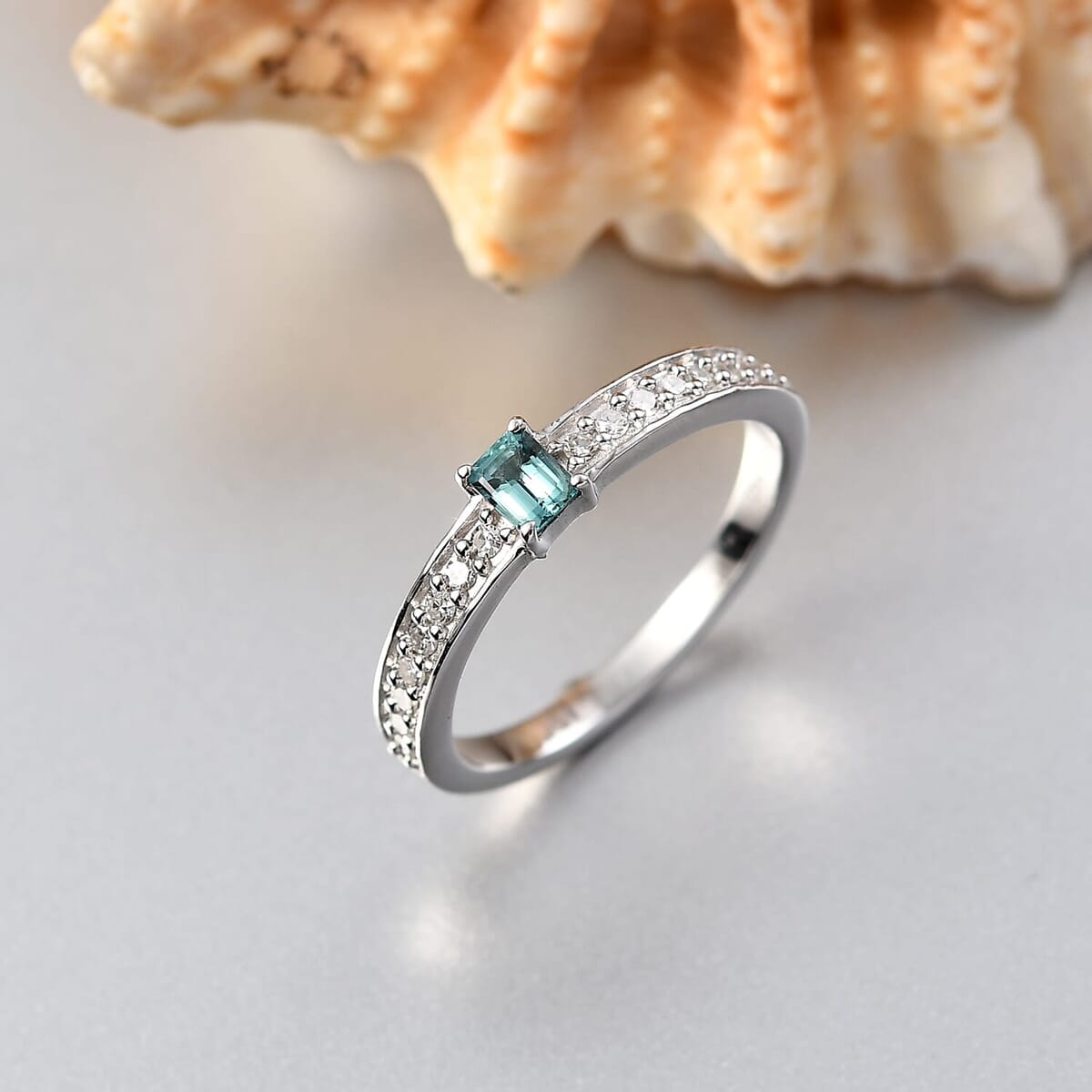 Premium Pirineu Lagoon Tourmaline, Diamond (0.25 cts) Ring in Rhodium Over Sterling Silver (Size 10.0) 0.50 ctw image number 1