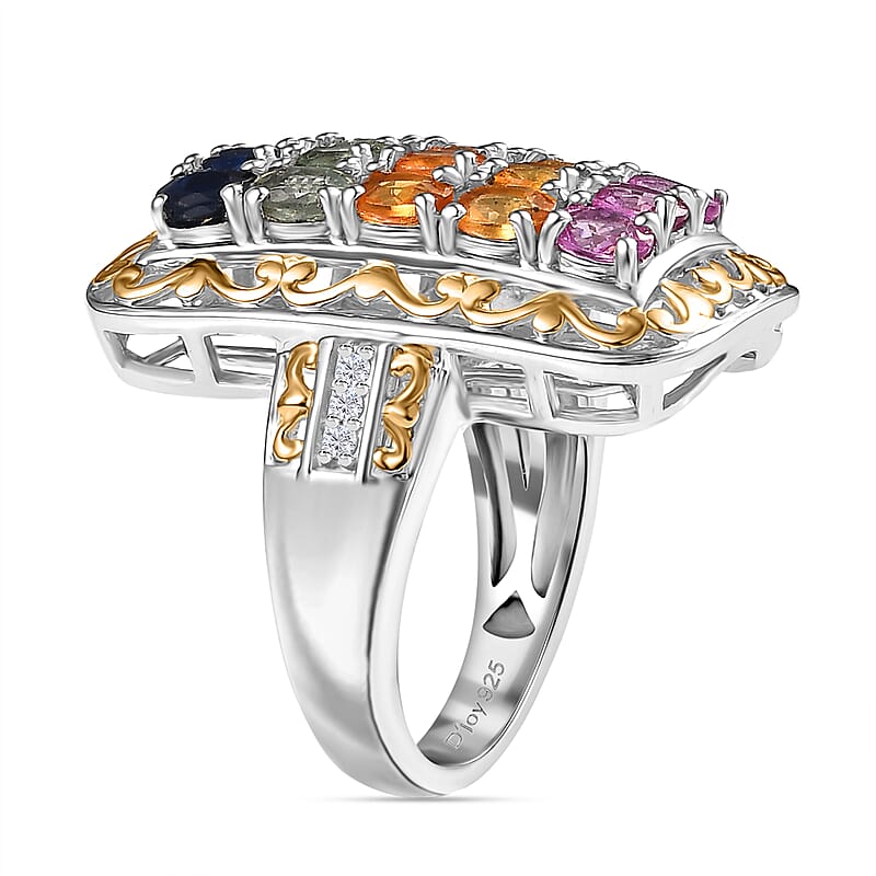 D'Joy Multi Sapphire and White Zircon 3.80 ctw Cluster Ring in 18K Vermeil YG and Rhodium Over Sterling Silver (Size 10.0)