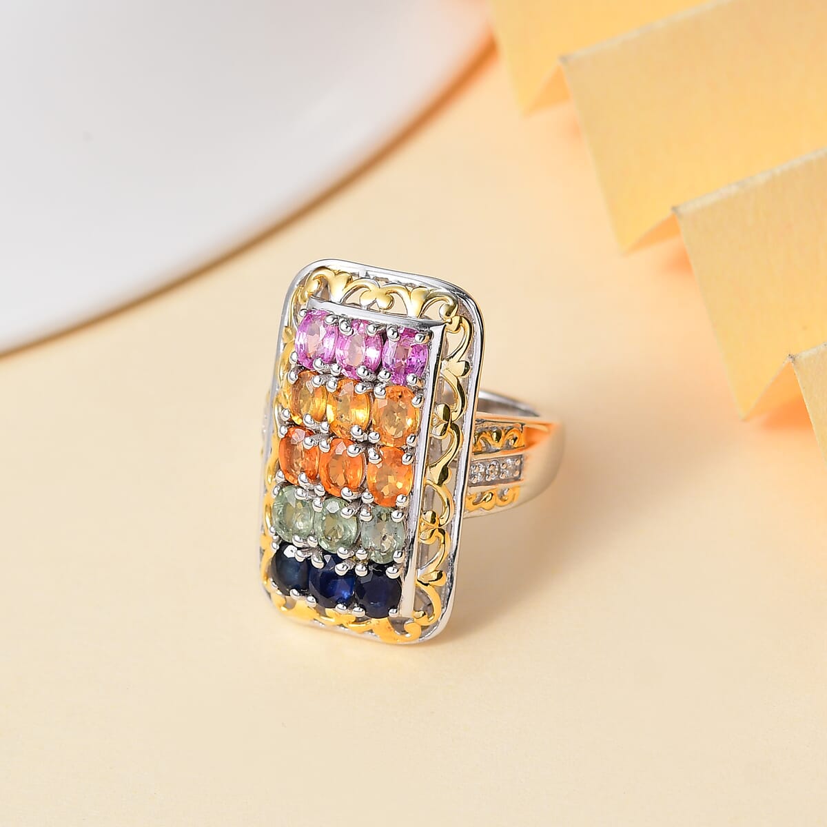 D'Joy Multi Sapphire and White Zircon 3.80 ctw Cluster Ring in 18K Vermeil YG and Rhodium Over Sterling Silver (Size 5.0) image number 1