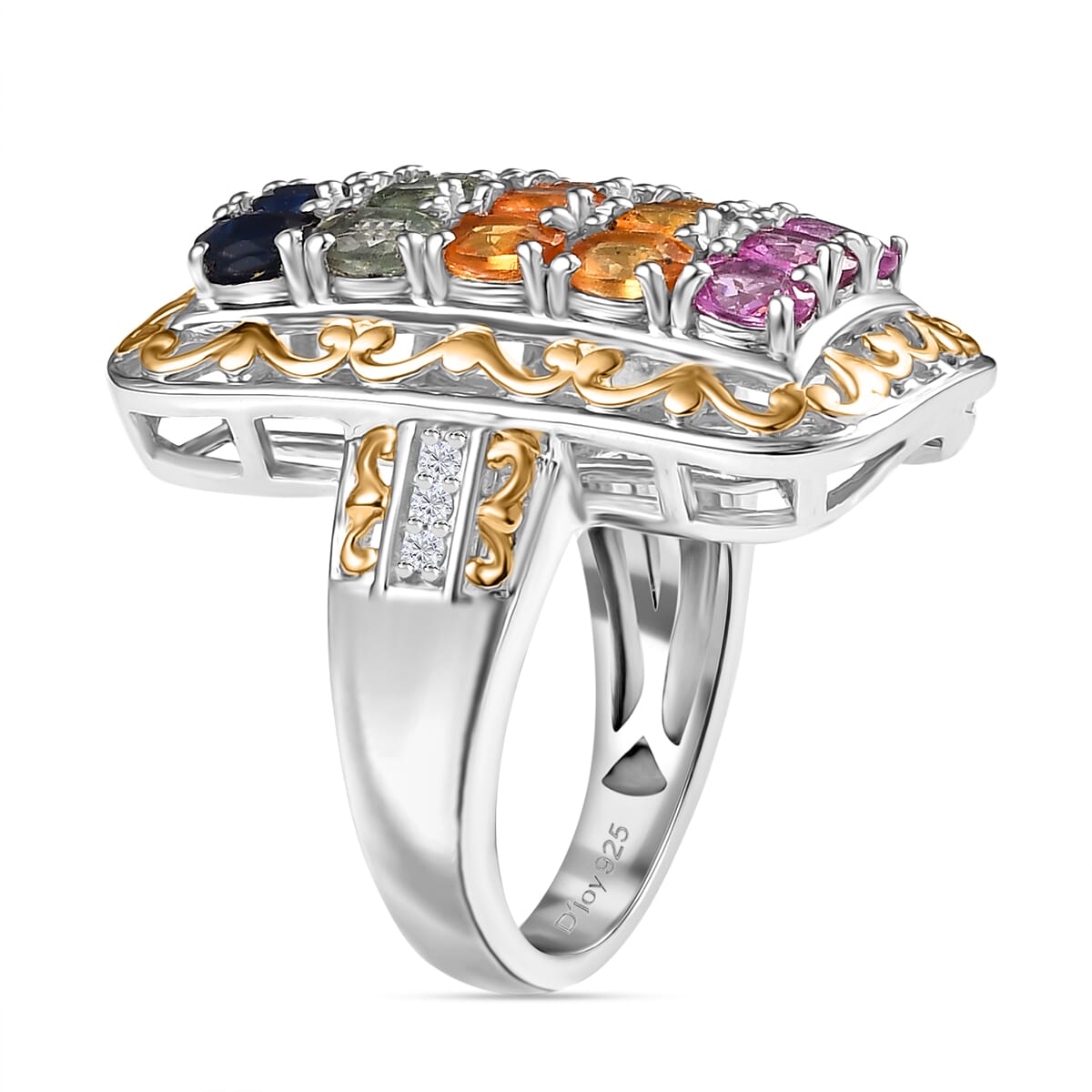 D'Joy Multi Sapphire and White Zircon 3.80 ctw Cluster Ring in 18K Vermeil YG and Rhodium Over Sterling Silver (Size 5.0) image number 3