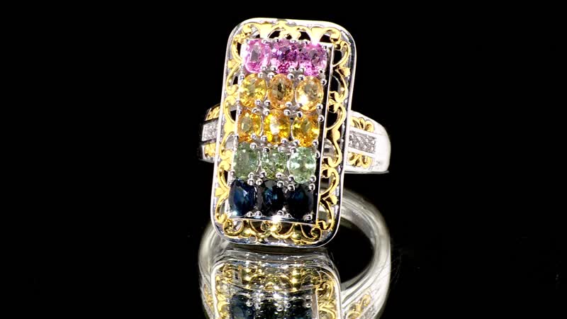 Multi Sapphire and White Zircon 3.80 ctw Cluster Ring in 18K Vermeil YG and Rhodium Over Sterling Silver (Del. in 10-12 Days)