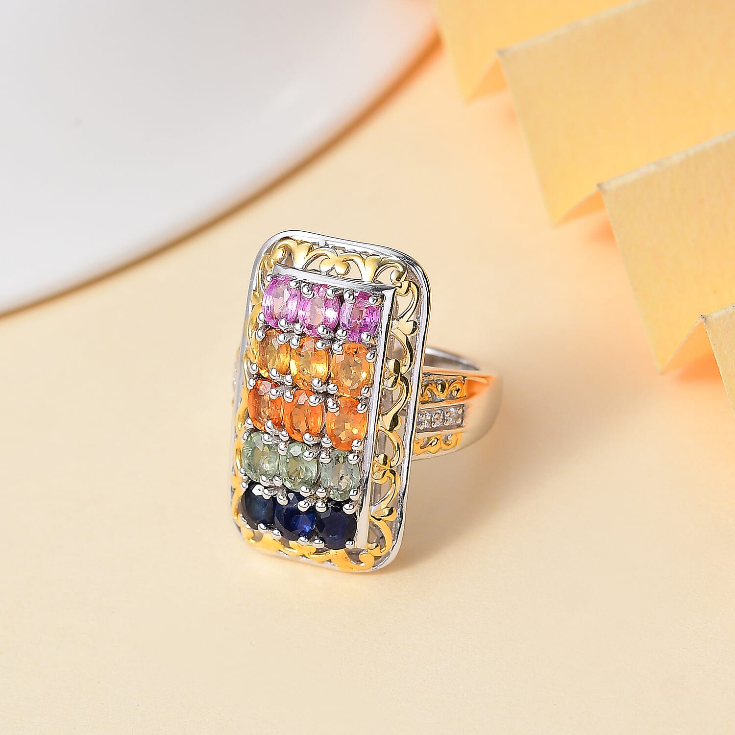 D'Joy Multi Sapphire and White Zircon 3.80 ctw Cluster Ring in 18K Vermeil YG and Rhodium Over Sterling Silver (Size 8.0)