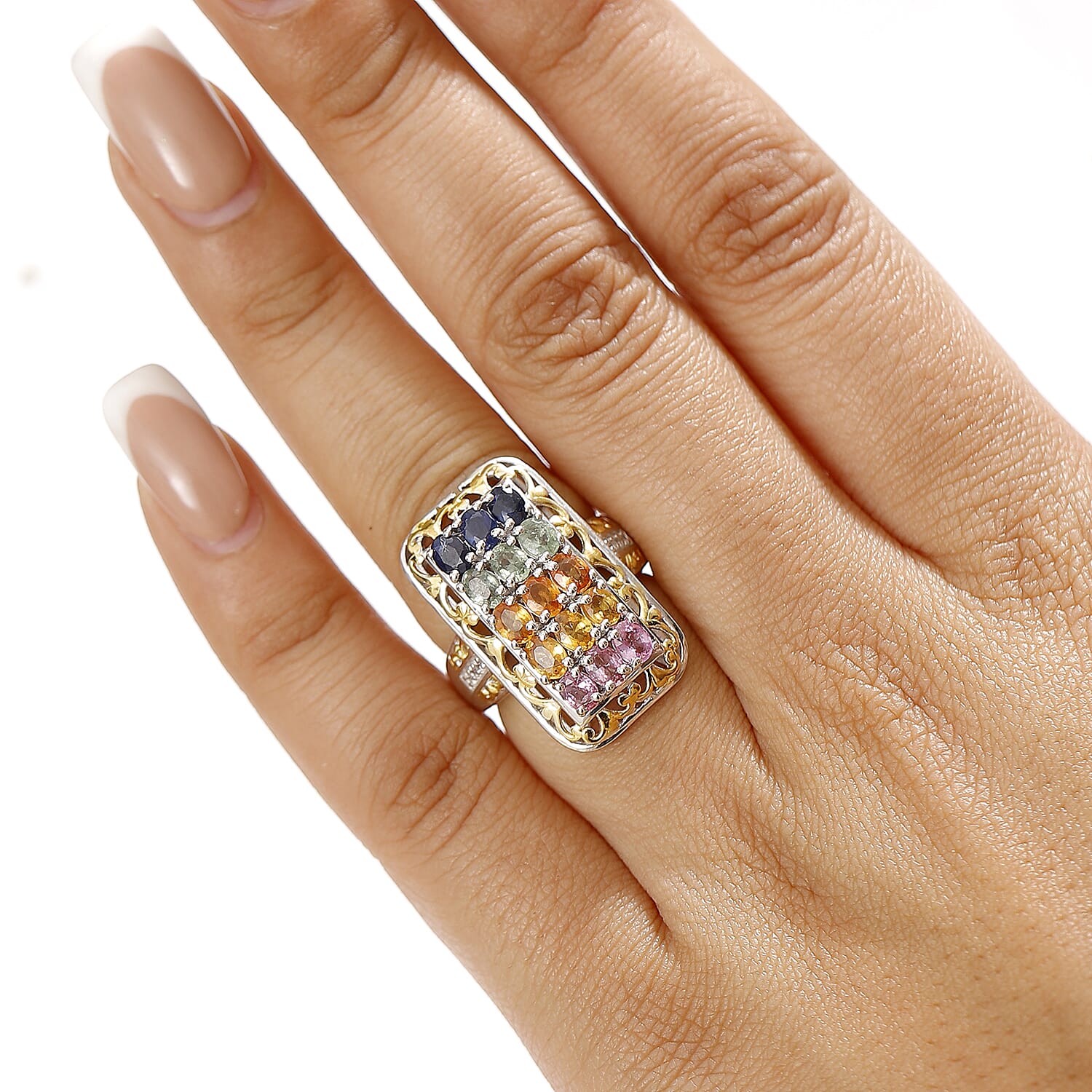D'Joy Multi Sapphire and White Zircon 3.80 ctw Cluster Ring in 18K Vermeil YG and Rhodium Over Sterling Silver (Size 8.0)