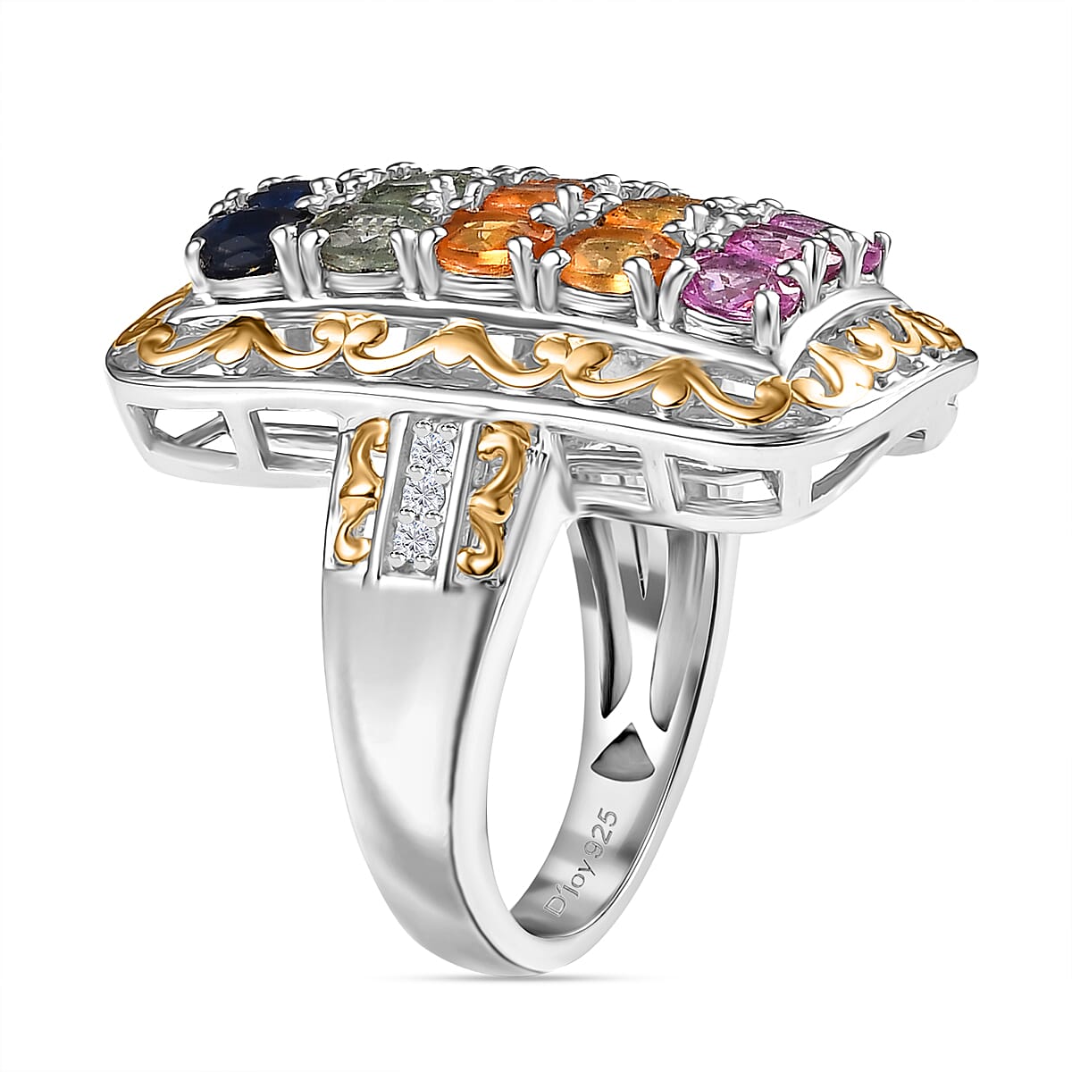 D'Joy Multi Sapphire and White Zircon 3.80 ctw Cluster Ring in 18K Vermeil YG and Rhodium Over Sterling Silver (Size 8.0)