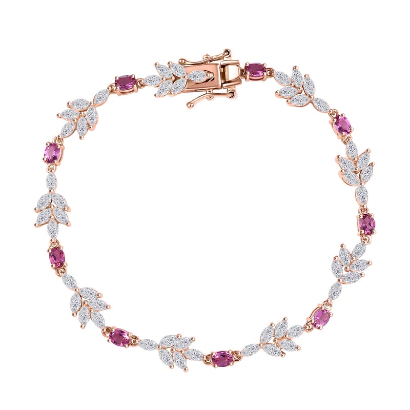 Luxuriant Bixbite (LG) and White Zircon 7.60 ctw Floral Vine Bracelet in 18K Vermeil Rose Gold Over Sterling Silver (7.25 In)