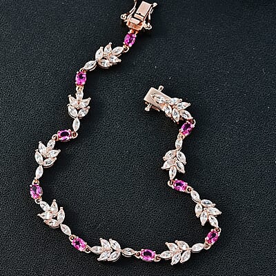 Luxuriant Bixbite (LG) and White Zircon 7.60 ctw Floral Vine Bracelet in 18K Vermeil Rose Gold Over Sterling Silver (7.25 In)