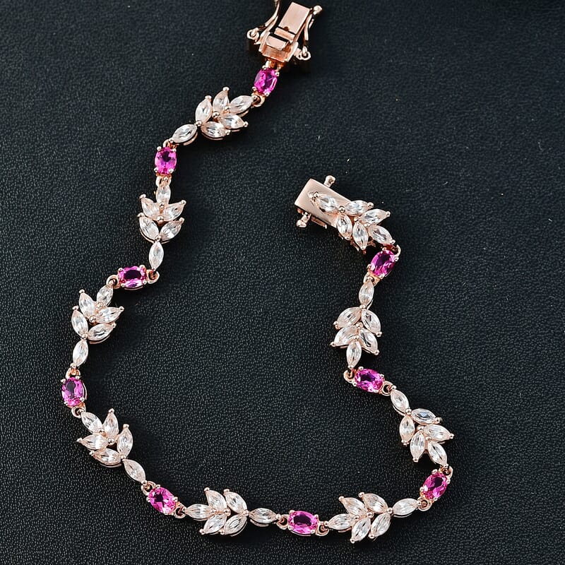 Luxuriant Bixbite (LG) and White Zircon 7.60 ctw Floral Vine Bracelet in 18K Vermeil Rose Gold Over Sterling Silver (7.25 In)
