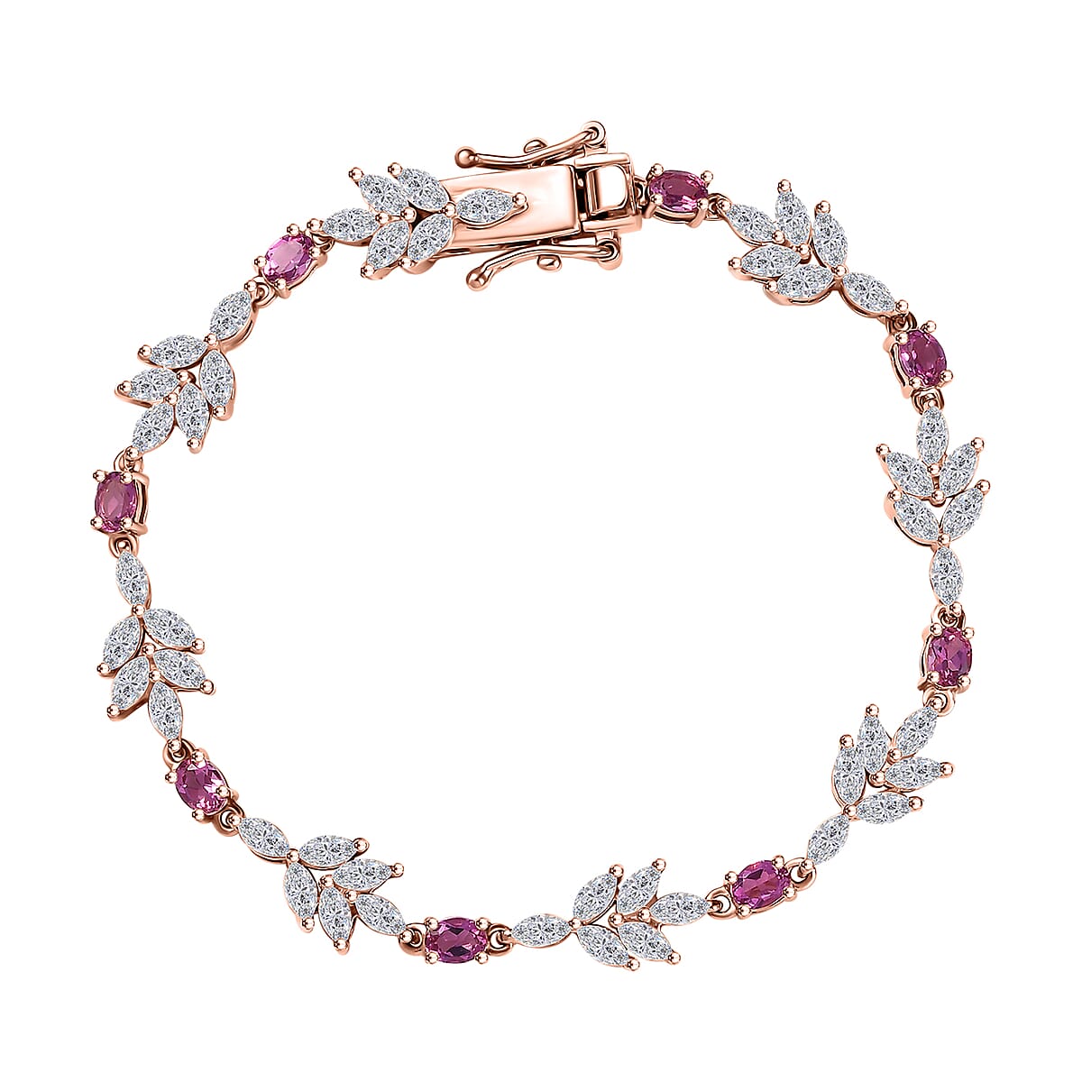 Luxuriant Bixbite (LG) and White Zircon 6.75 ctw Floral Vine Bracelet in 18K Vermeil Rose Gold Over Sterling Silver (6.50 In) image number 0