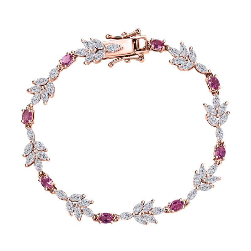 Luxuriant Bixbite (LG) and White Zircon 6.75 ctw Floral Vine Bracelet in 18K Vermeil Rose Gold Over Sterling Silver (6.50 In)