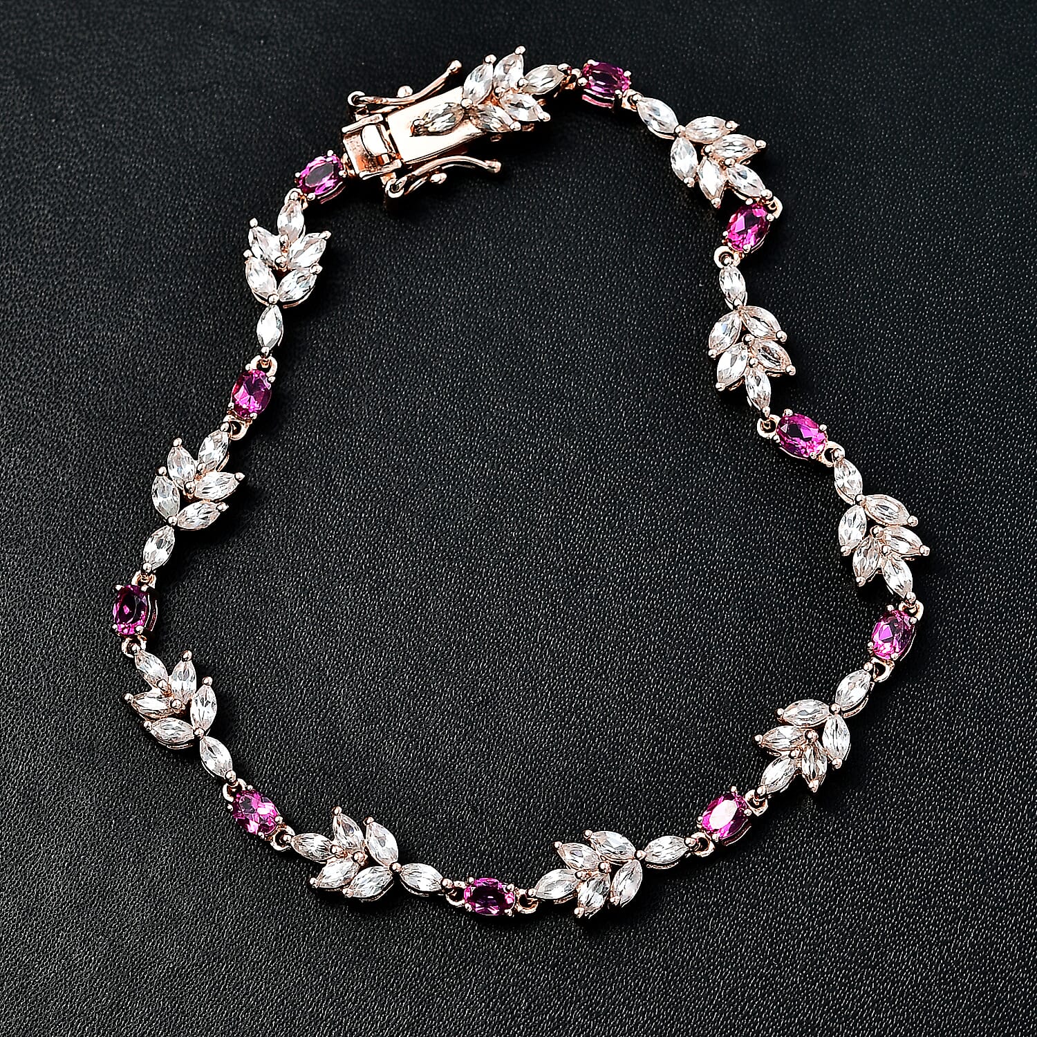 Lab Grown Bixbite and White Zircon 7.60 ctw Floral Vine Bracelet in 18K Vermeil Rose Gold Over Sterling Silver (7.25 In)