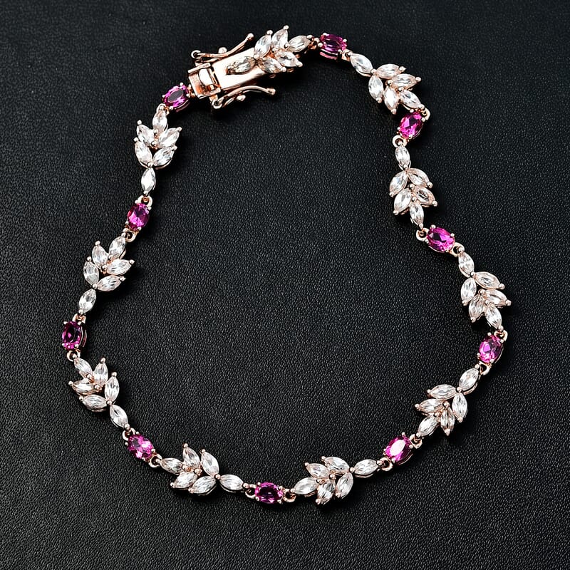 Luxuriant Bixbite (LG) and White Zircon 6.75 ctw Floral Vine Bracelet in 18K Vermeil Rose Gold Over Sterling Silver (6.50 In)