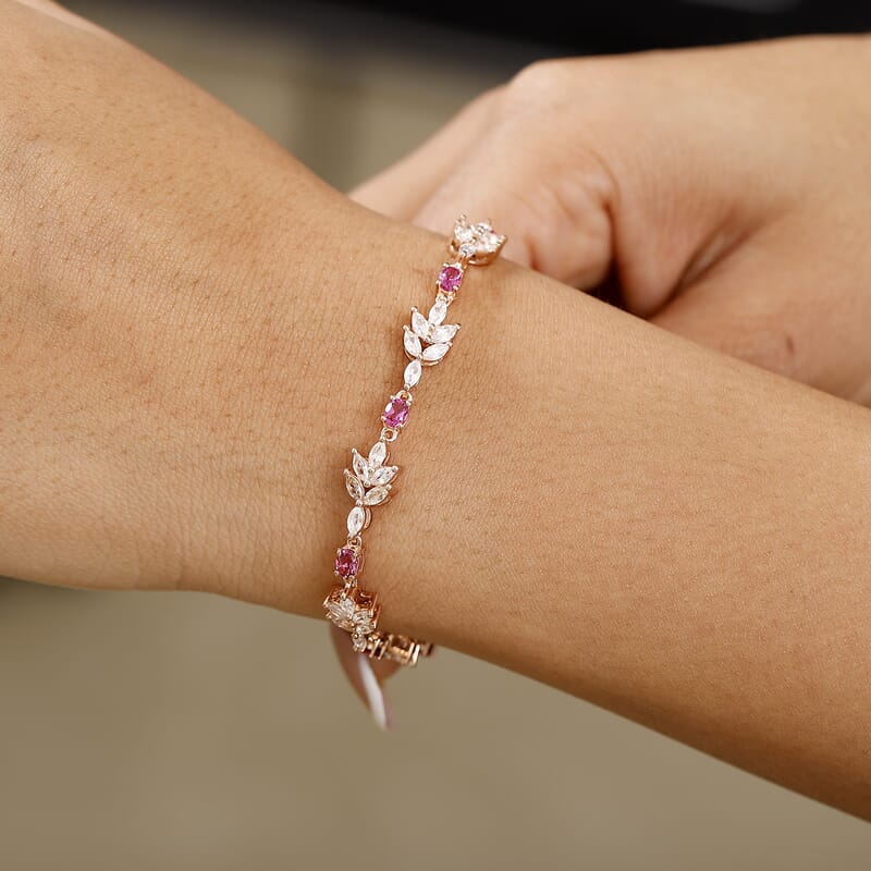 Luxuriant Bixbite (LG) and White Zircon 6.75 ctw Floral Vine Bracelet in 18K Vermeil Rose Gold Over Sterling Silver (6.50 In)