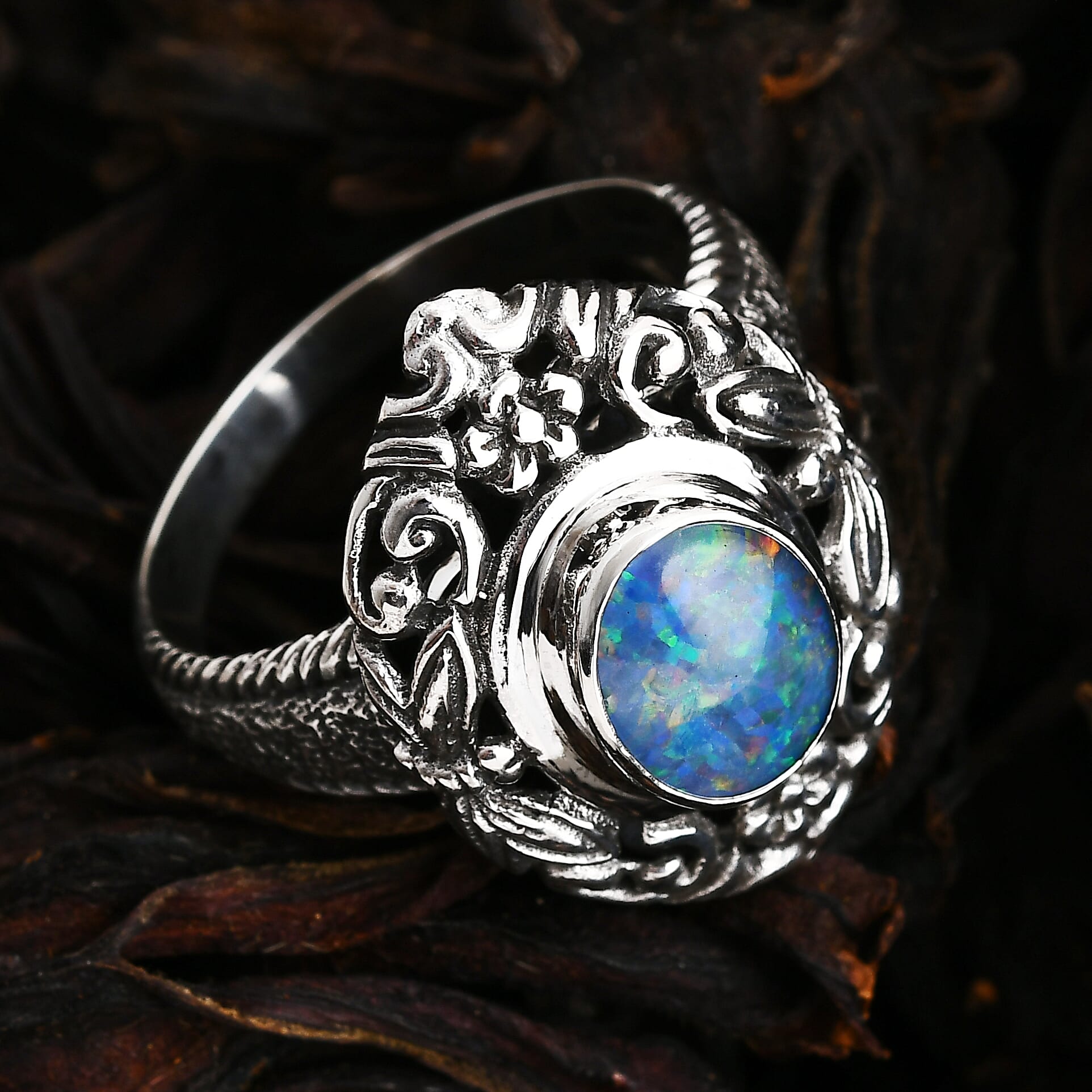 Bali Legacy Elysian Opal (Triplet) Butterfly and Floral 1.50 ctw Ring in Sterling Silver (Size 6.0) 
