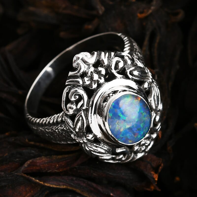 Bali Legacy Elysian Opal (Triplet) Butterfly and Floral 1.50 ctw Ring in Sterling Silver (Size 6.0) 