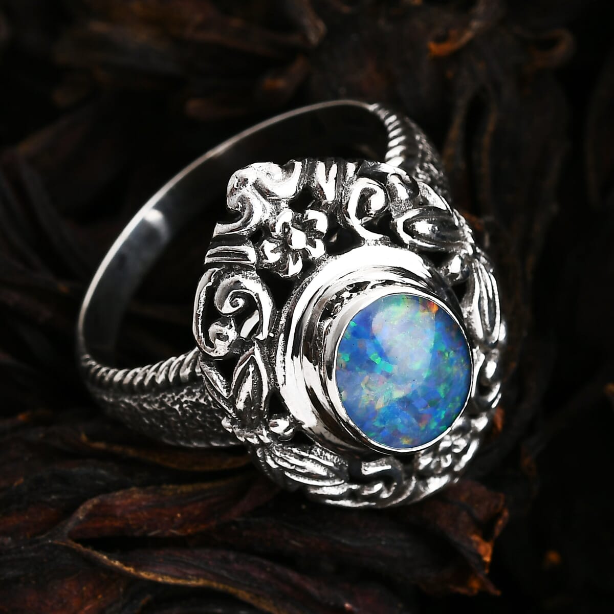 Bali Legacy Elysian Opal (Triplet) Butterfly and Floral 1.50 ctw Ring in Sterling Silver (Size 7.0)  image number 1