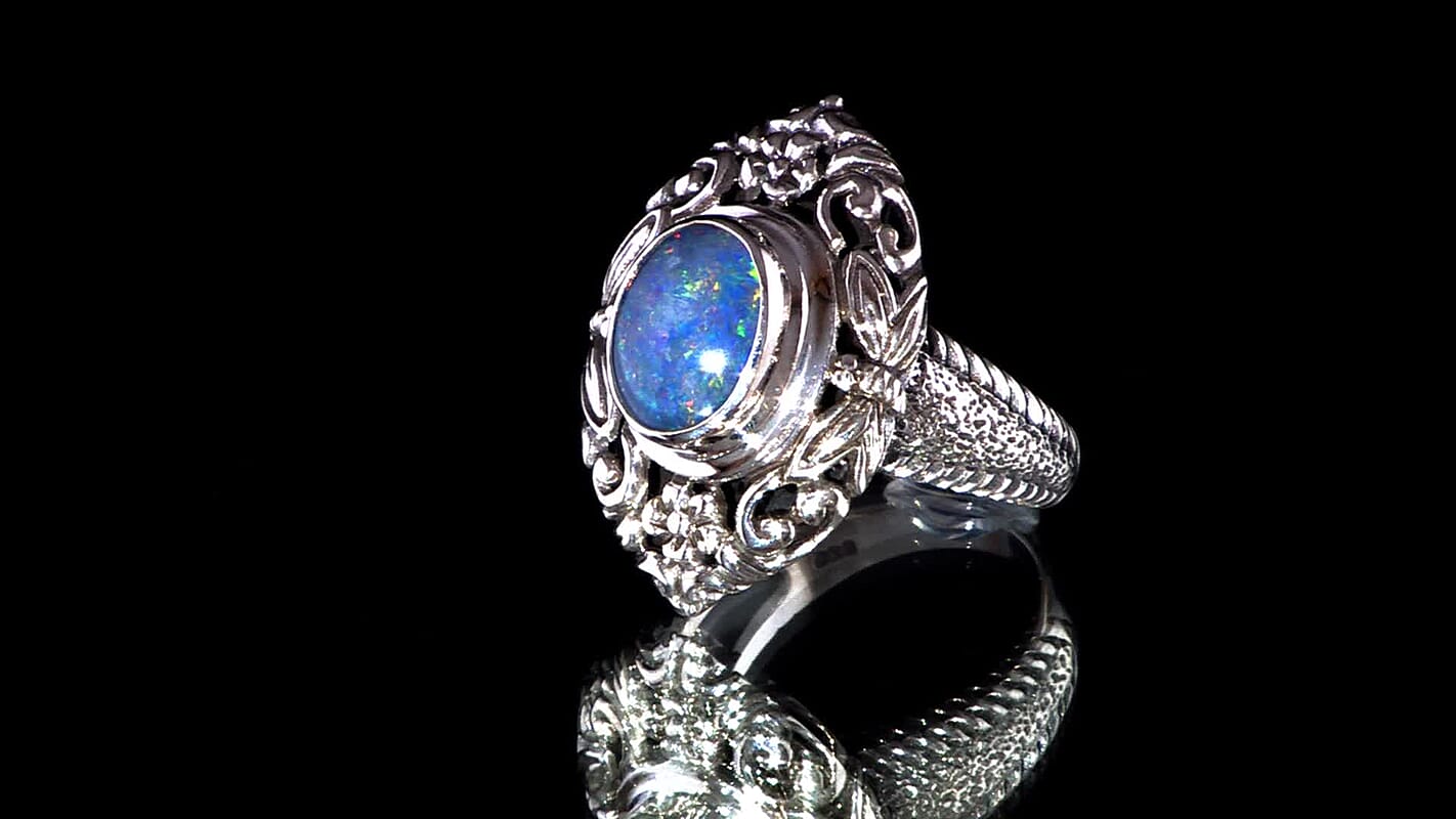 Bali Legacy Boulder Opal Triplet Butterfly and Floral Ring in Sterling Silver (Size 10.0) 1.50 ctw
