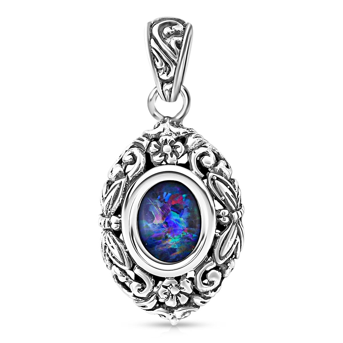 Bali Legacy Elysian Opal (Triplet) 1.50 ctw Butterfly and Floral Pendant without Chain in Sterling Silver  image number 0