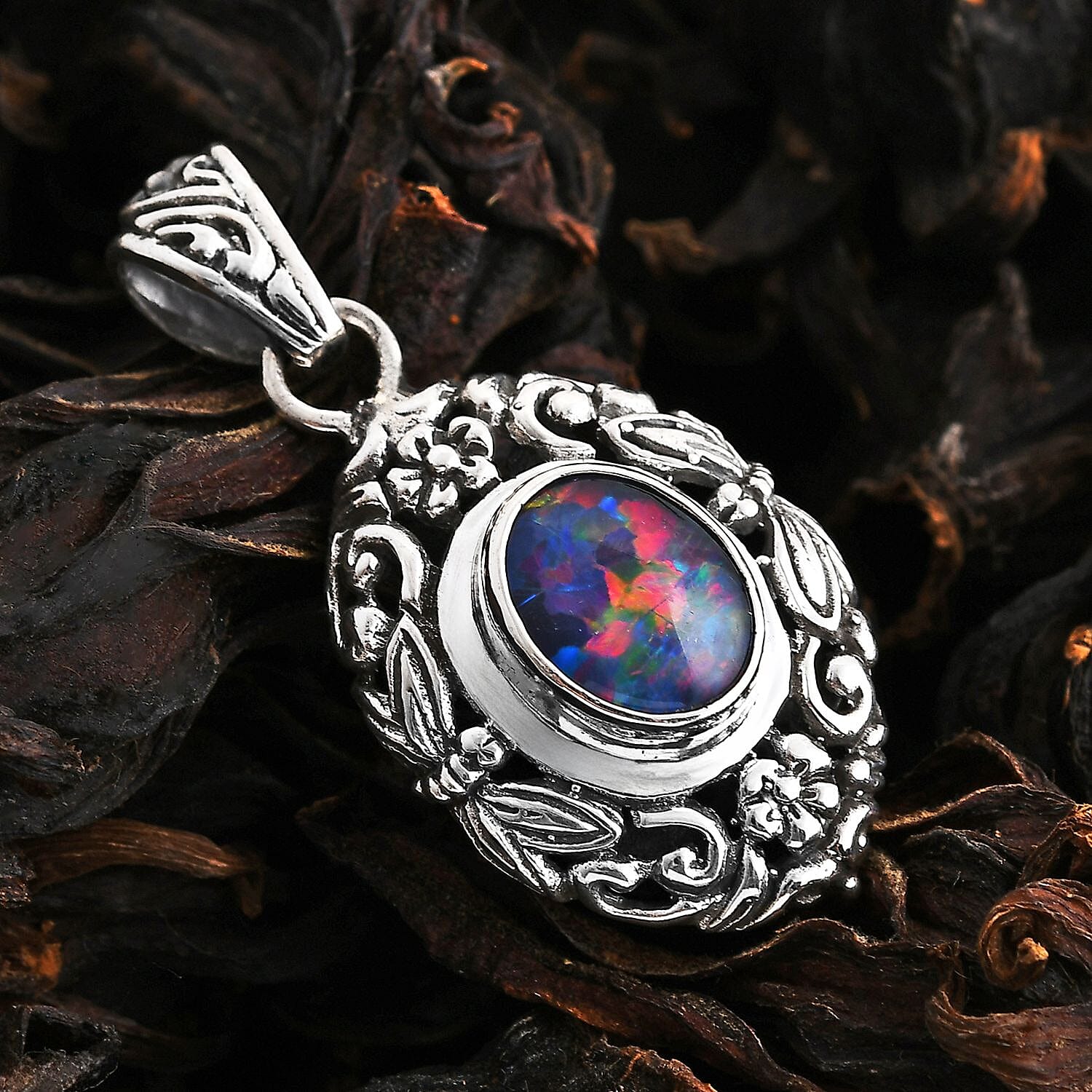 Bali Legacy Elysian Opal (Triplet) 1.50 ctw Butterfly and Floral Pendant without Chain in Sterling Silver