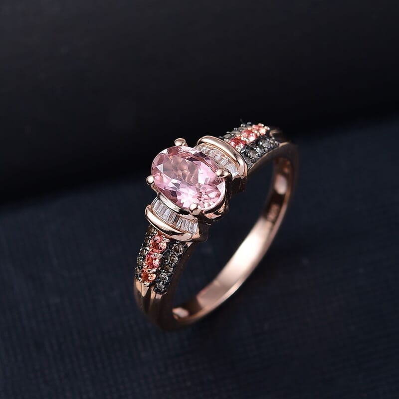 D'Joy Blush Tourmaline, Padparadscha Sapphire, Natural Champagne and White Diamond 1.00 ctw Rising Sun Ring in 18K Vermeil Rose Gold Over Sterling Silver (Size 10.0)